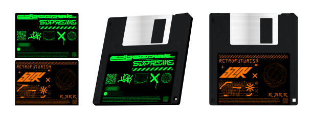 istock Floppy disk 3D mockup with Futuristic letterings and abstract shapes 2189223897