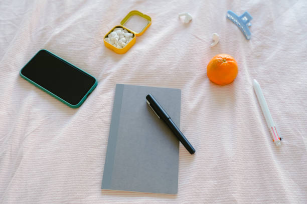 istock casual flatlay featuring a notebook, pen, smartphone, orange, and small accessories, showcasing a minimalist workspace setup 2189224547