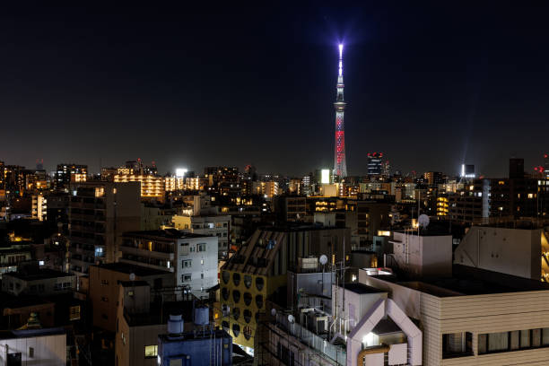 Illuminated Tokyo Sky Tree Tower at Night Over Tokyo Night Skyline