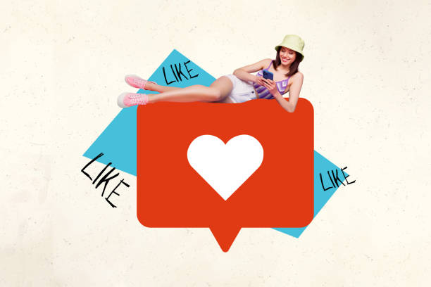 istock Creative collage illustration pretty smile young woman rest relax type text scrolling media react repost like followers miniature poster 2189224722