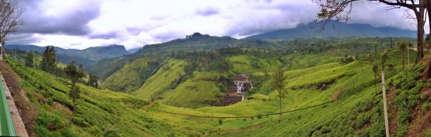 A breathtaking panoramic view of lush green hills, serene valleys, and a cascading waterfall nestled in the heart of a tranquil landscape. The scene is completed with a dramatic overcast sky that adds depth and mood to the image, perfect for nature, travel, and adventure themes.