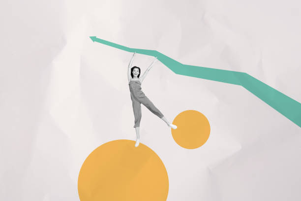 istock Creative image photo collage young crazy girl holding progress arrow flying upwards towards success target goal accomplishment 2189225376