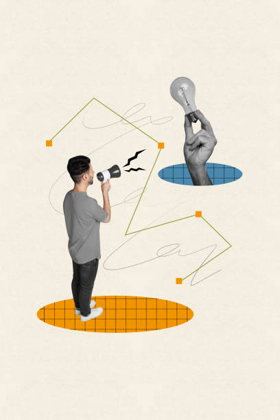 istock Vertical collage picture banner poster standing young man announce idea successful plan strategy hand hold lamp progress 2189225644