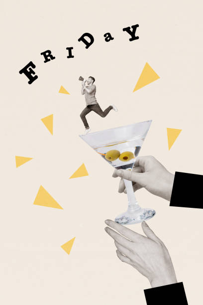 Creative vertical collage poster pub discount promo friday event man announce sales loudspeaker glass beverage drawing background Creative vertical collage poster pub discount promo friday event man announce sales loudspeaker glass beverage drawing background. drunk visual stock pictures, royalty-free photos & images