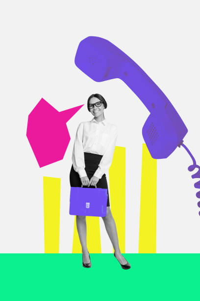 istock Vertical collage creative poster black white effect charm suit smile lady speak stand phone colorful elements white background 2189226045