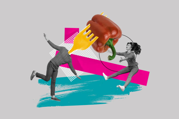 istock Collage of fork instead head man flying wings eat red pepper vitamins vegetable dieting lady count calories isolated on gray background 2189227226