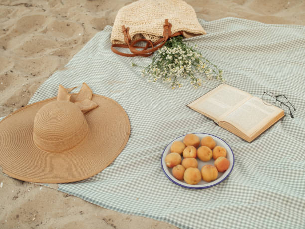 istock Cozy Beach Picnic Setup with Hat, Apricots, and Book 2189227368