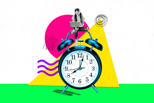 istock Creative collage image of mini black white effect girl sitting big bell ring clock use laptop isolated on painted background 2189228004