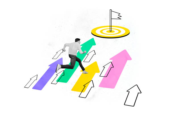 istock Creative photo collage image running young man entrepreneur reaching flag destination aim go forward up arrow direction white background 2189228282