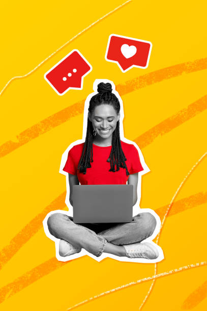 Vertical collage creative image lovely smile girl sit type laptop like comment feedback popular heart paint sketch orange background