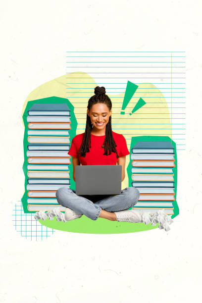istock Vertical collage creative illustration happy smart enjoy young lady read write book library looks laptop sketch stroke cell background 2189228737