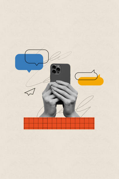 istock Vertical creative composite artwork photo iphone collage of arm holding smartphone write messages in chat isolated retro drawing background 2189229227
