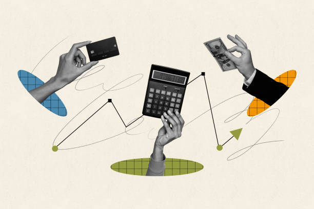 istock Horizontal creative collage of three people hand hold credit card calculator banknote concept of finance system on drawing background 2189229332