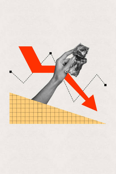istock Vertical collage picture illustration black white effect human hand hold crumbled banknote dollar red arrow down financial problem charts 2189229355
