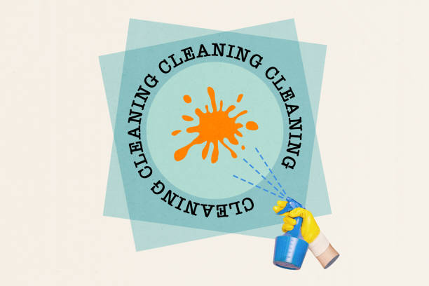 Creative collage image photo cleaning promotion human arm hold detergent spray bottle washing housekeeping bacteria disinfection.