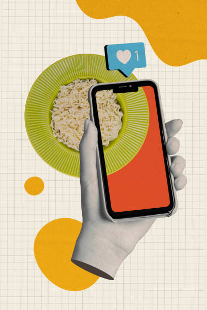 3d retro abstract creative artwork template collage of hand hold phone share photo social media food billboard comics zine minimal concept