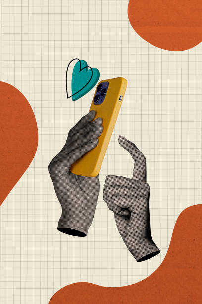 Vertical collage illustration two human hand write message sms internet app positive reaction feedback orange spots white background