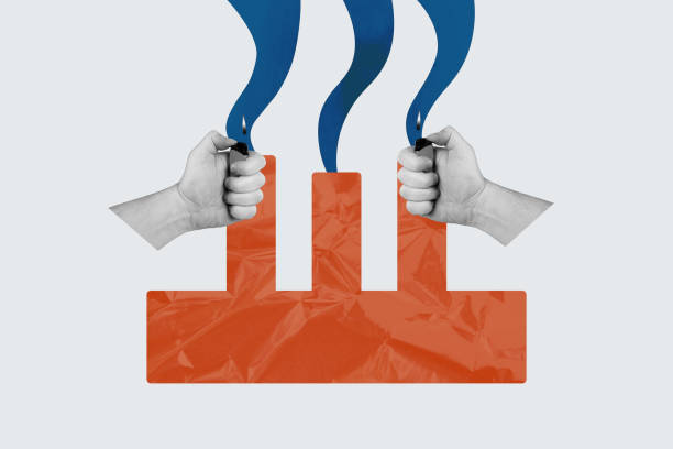 istock Collage creative poster black white filter two hands hold lighter fire pollution industrial environment bad ecology white background 2189230542