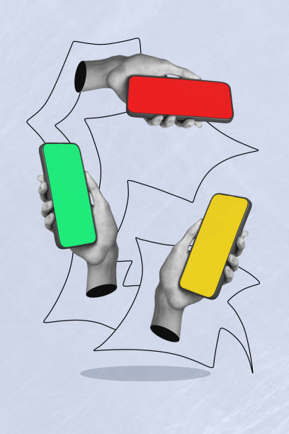 istock Vertical creative collage picture monochrome effect three human hands hold smartphone speak chat communication empty background 2189233909