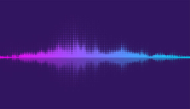 stockillustraties, clipart, cartoons en iconen met vector halftone sound wave with vibrant pink and blue gradient on a dark purple background - frequentie