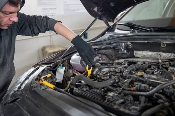 istock Mechanic checking oil level in car engine bay with dipstick. 2189248258