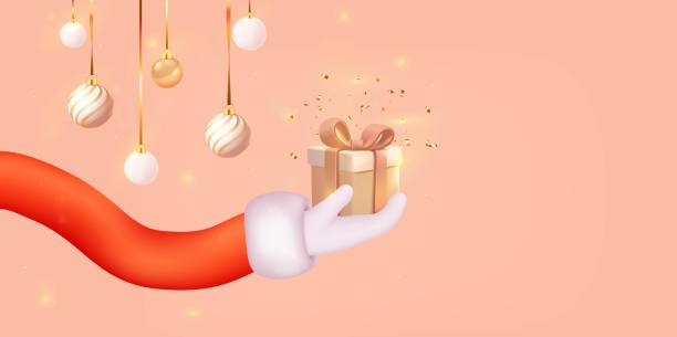 istock Santa Claus is cheerfully holding a beautifully wrapped gift box in his hand. 3d render, vector 2189259137
