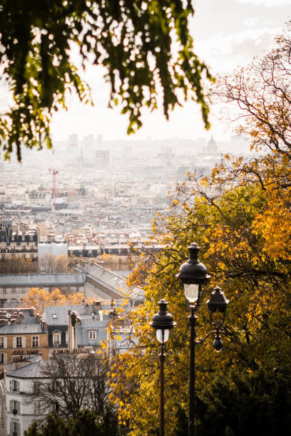 Paris, France - May 20, 2023: Beautiful view of Paris from Montmartre and large group of tourists. Montmartre is a Paris district located on a large hill of the same name in northern 18th arrondissement. It’s famous for its throng of street artists and for being once home to renowned masters like Pablo Picasso, Vincent van Gogh and Pierre-Auguste Renoir. Montmartre offers the best views of Paris from the city’s highest point.