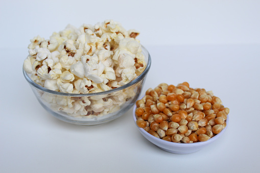 Popcorn Before Cooking Dried Corn Seed Kernels And Popcorn Before And After Cooking Isolated ...
