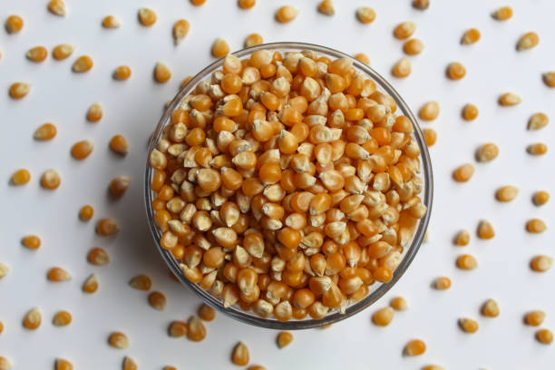 istock Dried corn kernels full in glass transparent bowl, isolated on white background, flat lay or top view 2189275196