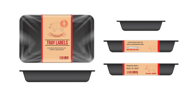 Meat Tray Packaging Design with Label Details A detailed butcher diagram illustrating various cuts of pork, including loin, ribs, ham, bacon, and shoulder. Each section is clearly labeled for easy reference, making it ideal for chefs, butchers, or food enthusiasts seeking knowledge about pork meat cuts. pork cuts, butcher diagram, pork anatomy, meat guide, culinary chart. pork cuts chart, butcher diagram, culinary business, chef pork recipes, pork menu ideas, catering meat guide, restaurant meat cuts, dining pork selections, kitchen meat preparation, culinary pork knowledge, pork cuts, butcher diagram, pork loin, pork belly, pork ham, culinary guide, pork recipes, meat preparation, protein content, pork nutrition, meat packaging, food label design, tray labels, bacon packaging, sliced ham design, recyclable tray, food branding, barcode label, product mockup, nutritional details black meat tray stock illustrations