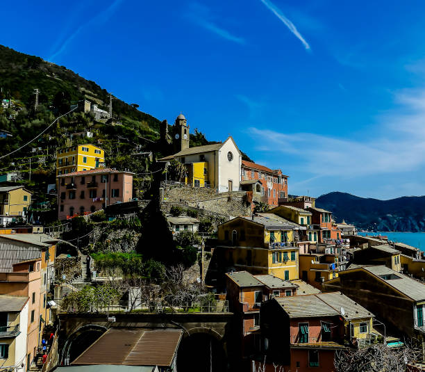 A small town with a church and houses. The houses are yellow and red. The sky is blue