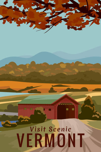 Vermont USA Travel Poster, autumn rural landscape, covered bridge. Fall season countryside, vector illustration, postcard