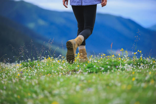 istock Hiker legs walking on beautiful flowering grassland 2189302807