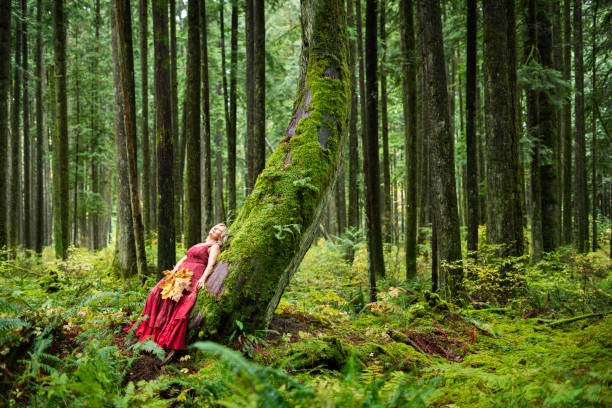 Young magical woman preparing to fire an arrow with her bow in the forest.