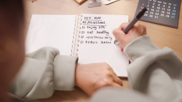 istock Close up human hand writing New year Resolutions Plans on white paper notebook planning Goal List for well being ,Beginning the new life and enjoy life 2189316311