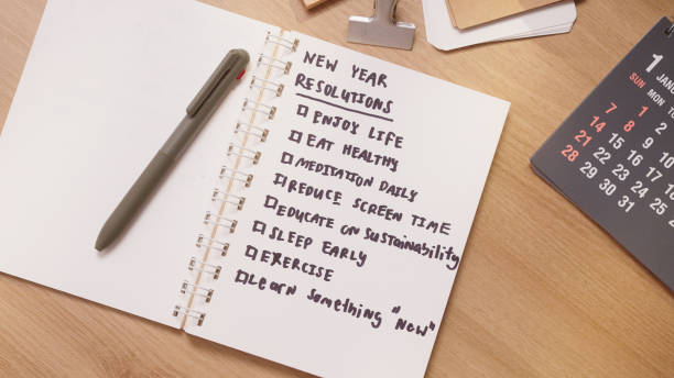 istock Close up human hand writing New year Resolutions Plans on white paper notebook planning Goal List for well being ,Beginning the new life and enjoy life 2189316325