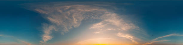 istock 360 panorama of glowing sunset sky with bright Cirrus clouds. HDR 360 seamless spherical panorama. Full zenith or sky dome sky replacement for aerial drone panoramas. Climate and weather change. 2189321614