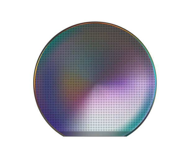 istock Truncated silicon wafer plate with microchip cells and holographic effect isolated on white 2189329130
