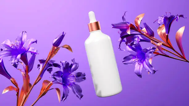 Fleurs violettes, Flacon cosmétique blanc, Accents cuivrés, Couleurs vives, Fond de lavande, Arrangement floral, Flacon compte-gouttes, Éclairage éthéré, Composition surréaliste, Textures brillantes, Soins de la peau de luxe, Thème botanique, Rendu Fleurs violettes, Flacon cosmétique blanc, Accents cuivrés, Couleurs vives, Fond de lavande, Arrangement floral, Flacon compte-gouttes, Éclairage éthéré, Composition surréaliste, Textures brillantes, Soins de la peau de luxe, Thème botanique, Rendu
