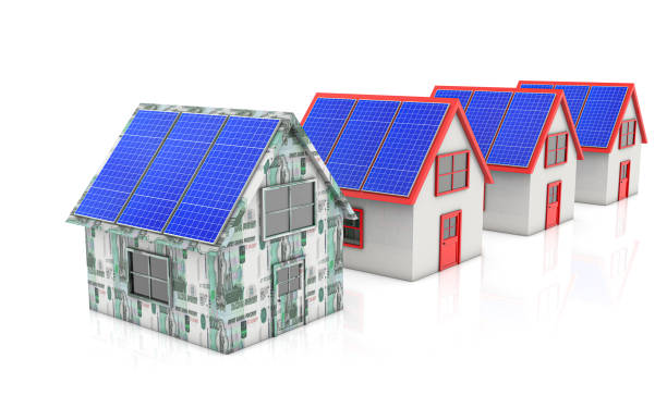 istock Solar panels renewable energy efficiency savings money, Russian Rubles 2189334495