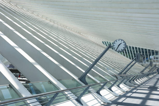 Abstract view of the interior of the modern architecture railway station in Liege-Guillemins by architect Santiago Calatrava with steel shapes and lines.