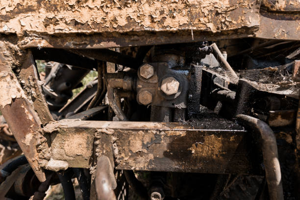 istock Close-Up of a Rusty Hydraulic Mechanism in a Mud-Covered Machine 2189344484