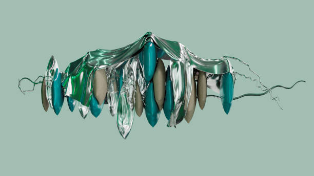 istock Interacting abstract shapes covered with flowing metal 2189345231
