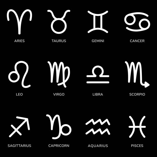 istock Zodiac signs set. Flat illustration of white astrological signs isolated on a black background. 2189345311