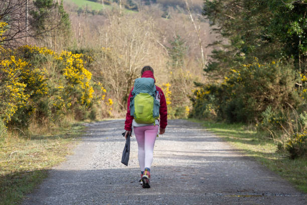 istock female hiker walks towards mountains on sunny day 2189347713