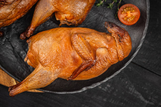 istock Delicious smoked quail meat on plate. top view 2189349166