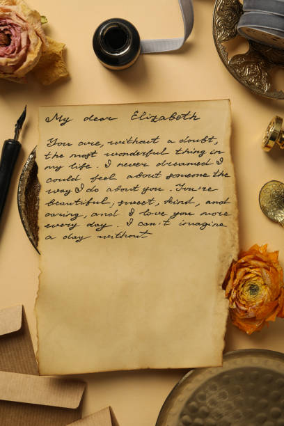 istock Letter with text, roses and vintage plates on beige background, top view 2189351182
