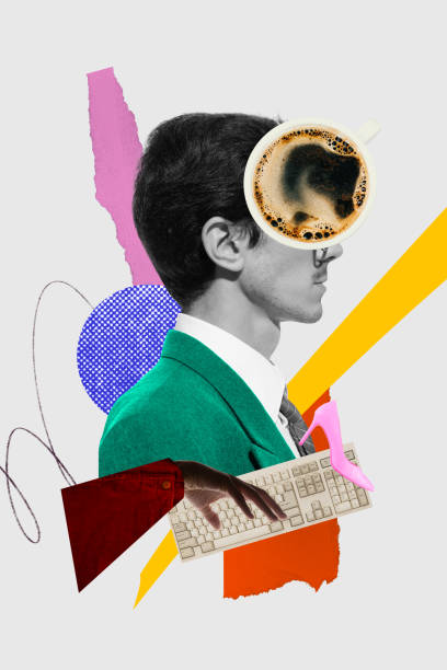 istock Businessman in green suit, with coffee cup over head and keyboard, representing modern corporate dynamics. Contemporary art collage. 2189352719