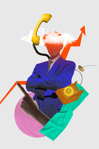 istock Businessman in blue suit with telephone and growth chart, symbolizing communication, strategy and analytics. Contemporary art collage. 2189352733