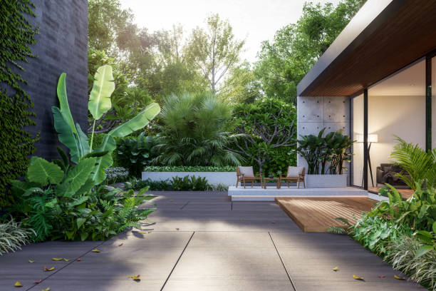 istock Modern loft style tropical garden of modern house 3d render illustration 2189353276